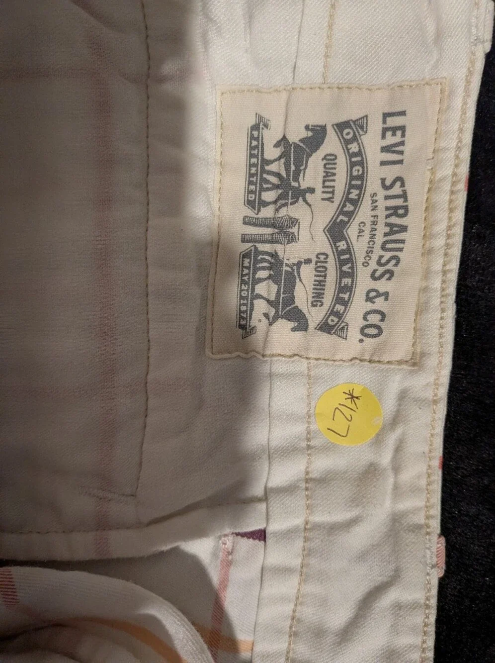 Levi's White Plaid Flat-Front Shorts with Red and Purple Stripes